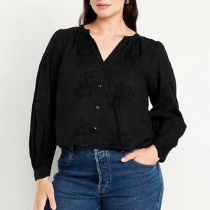 Old Navy Black Embroidered Button-Down Women's Top